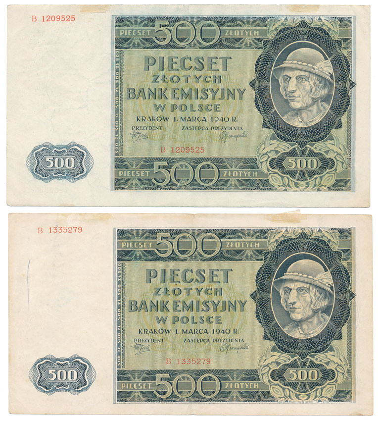 500 złotych 1940 seria B, zestaw 2 banknotów